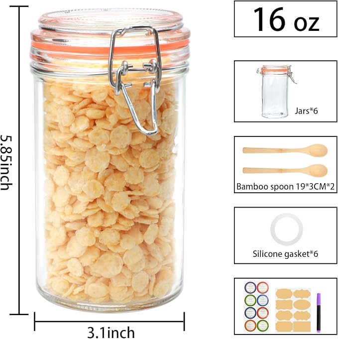 Flrolove 16 oz Glass Jars with Airtight Lid, Air Tight Glass Storage Jars | 6 Pack Glass Food Storage Containers, Leak Proof Rubber Gasket, Glass Canisters for Overnight Oats, Jelly, Coffee, Pickling