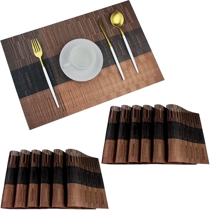 PIGCHCY Vinyl Placemats Set of 12 Washable Durable Kitchen Table Mats Easy to Clean Plastic Placemats for Dining Table (Brown)