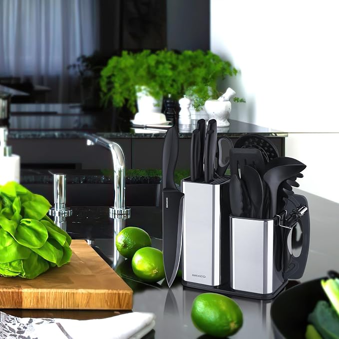 Kitchen Utensils Set,18-Piece Cooking Utensils and Knife Set,Black | Food-grade Silicone Heat-safe to 410°F, Detachable Stainless Steel Holder, 5 Kitchen Knives and Cutting Board All-in-one
