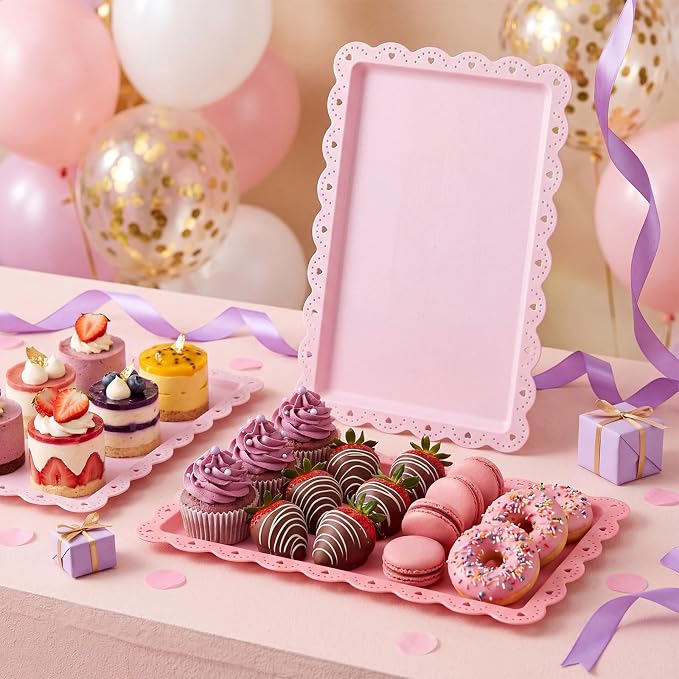 3 Pcs Pink Serving Trays Plastic Platters Dessert Cupcake Holder Party Supplies 14.4 x 9.3 Inches Rectangular Cookie Snack Display Tray for Wedding Restaurant