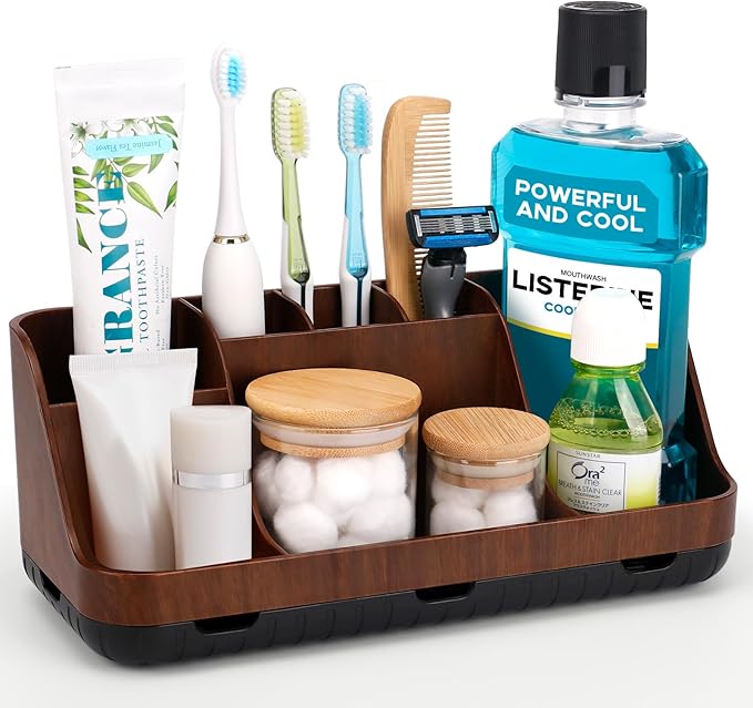GFWARE Wood Toothbrush Holders for Bathroom Organizer with Drain Holes | Detachable 7 Slots Kid Electric Toothbrush and Toothpaste Holder, Bathroom Sink, Caddy, Tray, Vanity Storage Wood-Look, Brown