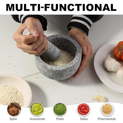 Natural Marble Mortar and Pestle Set, 5" Heavy Duty Granite Grinder for Kitchen, Guacamole, Salsa, Pill Crusher, Spice, Herb, Marble Bowl for Kitchen Counter, Granite Spice Grinder Bowl