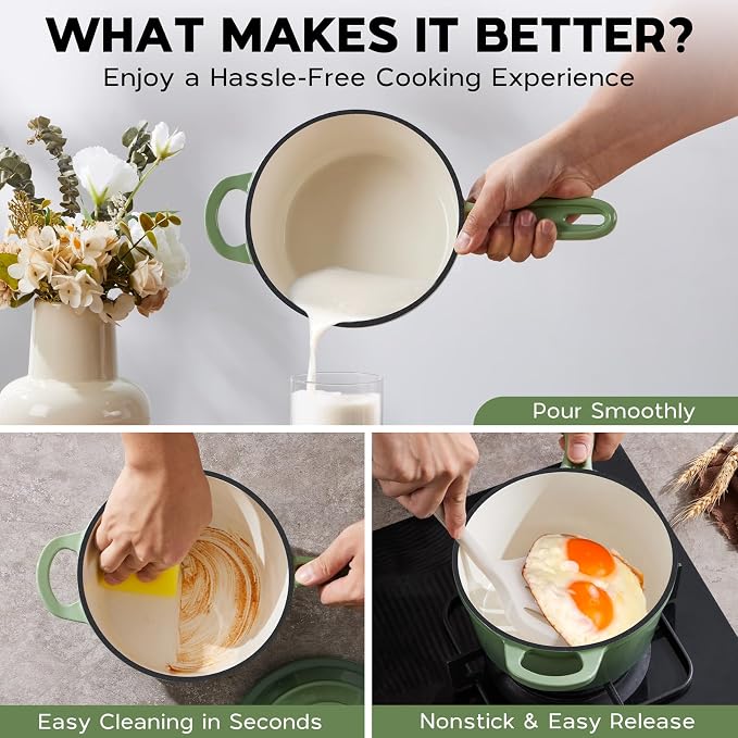 Onader 3QT Sauce Pan with Lid, Enameled Cast Iron Saucepan, Small Dutch Oven Cooking Kitchen Pot, Nonstick & Heavy Duty – Pistachio Green