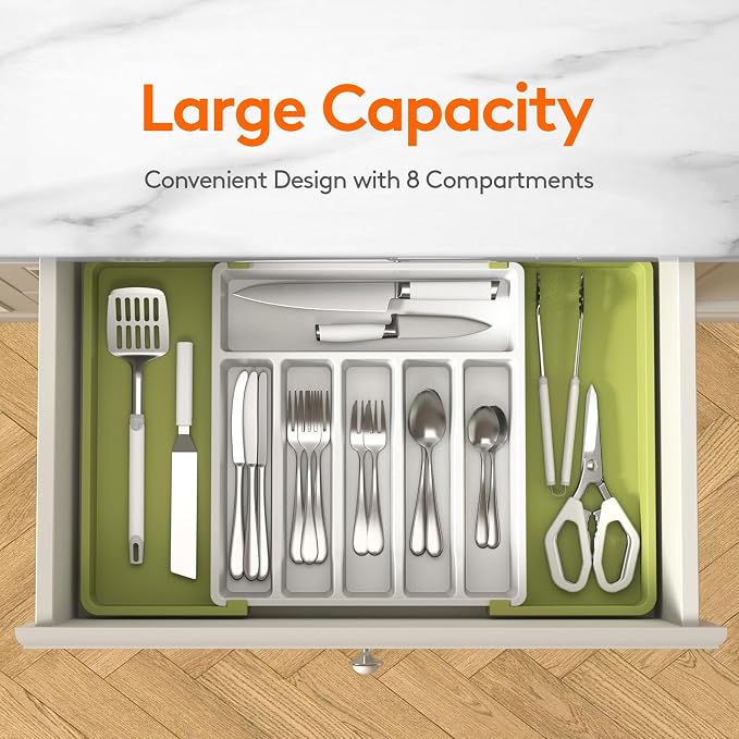 Lifewit Extra Large Silverware Drawer Organizer, Expandable Utensil Tray for Kitchen, BPA Free Flatware Cutlery Holder, Adjustable Plastic Storage for Spoons Forks Knives, 13-22 x 15, Green&White