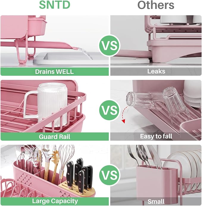 SNTD Large Dish Drying Rack for Kitchen Counter, Expandable, Pink | Stainless Steel Dish Drainer, Adjustable Length 18.9''-29.3'', Automatic Drainage, 360° Spout, Cutlery Holder with Knife Slot