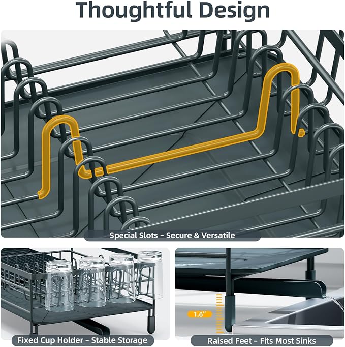 Urackify Extendable Dish Rack, 18.5"-26.7" L x 12.7" W, Dark Slate Gray | Multifunctional large dish rack with cup holder and built-in cutlery holder for versatile drying needs