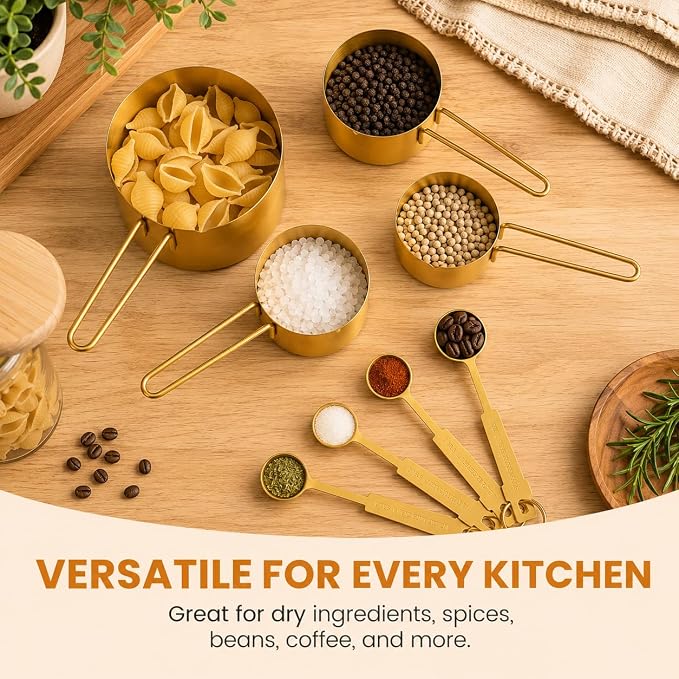 Gold Measuring Cups and Spoons Set, 8 Piece Stainless Steel Measuring Cup and Spoon Set for Baking and Cooking, Stackable Gold Kitchen Measuring Utensils for Dry and Liquid Ingredients