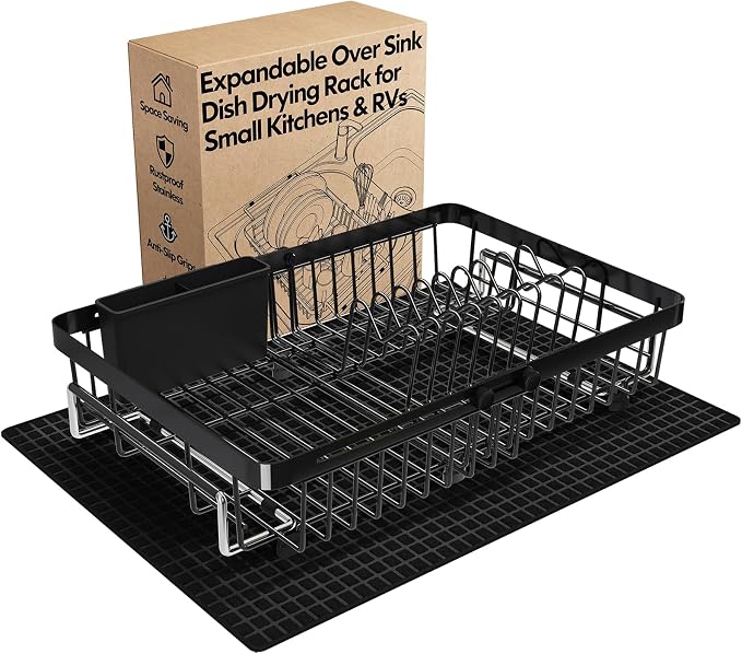 Dish Drying Rack Over The Sink with Utensil Holder, Mat | Expandable Stainless Steel Dish Drainer for Small Kitchen, Apartment, RV, Counter Space Saving, Perfect Fit, Rustproof