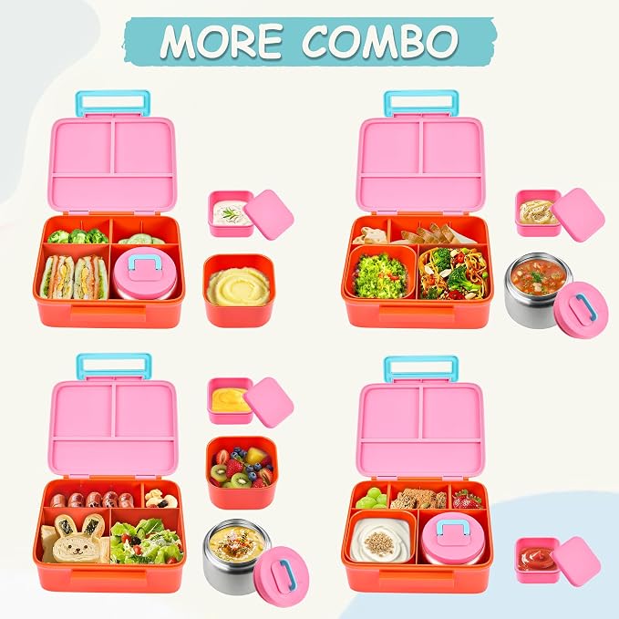 Bento Lunch Box for Kids with 8oz Soup Thermo Leak-Proof Lunch Food Containers with Snack Sauce Container for Kid Girls Boys to School,Pink