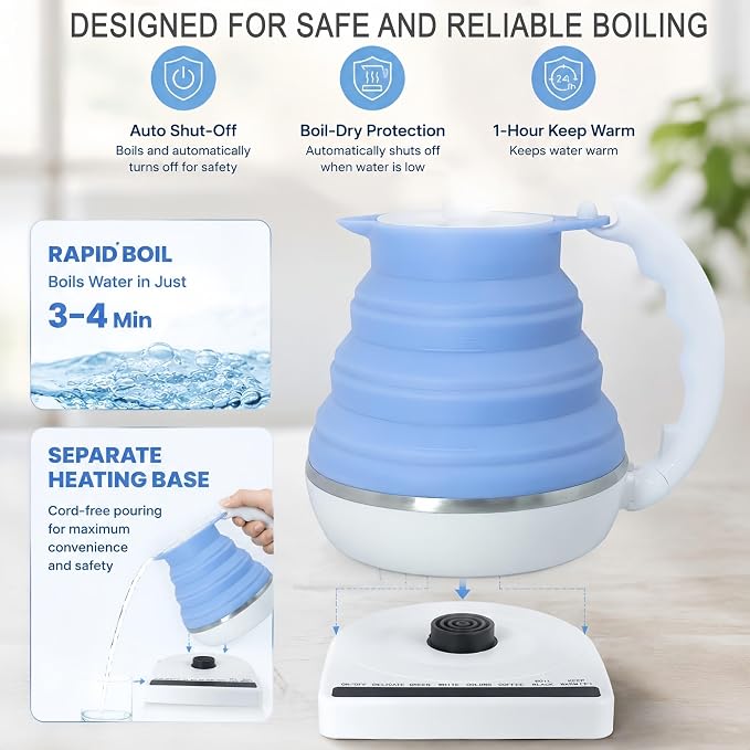 Portable Coffee Maker Pour Over, Travel Coffee Maker Set + Travel Electric Kettle With Temp Control, Collapsible Portable Tea Kettle for Traveling, Hotel, Office, BPA-Free Silicone, 110V, Blue