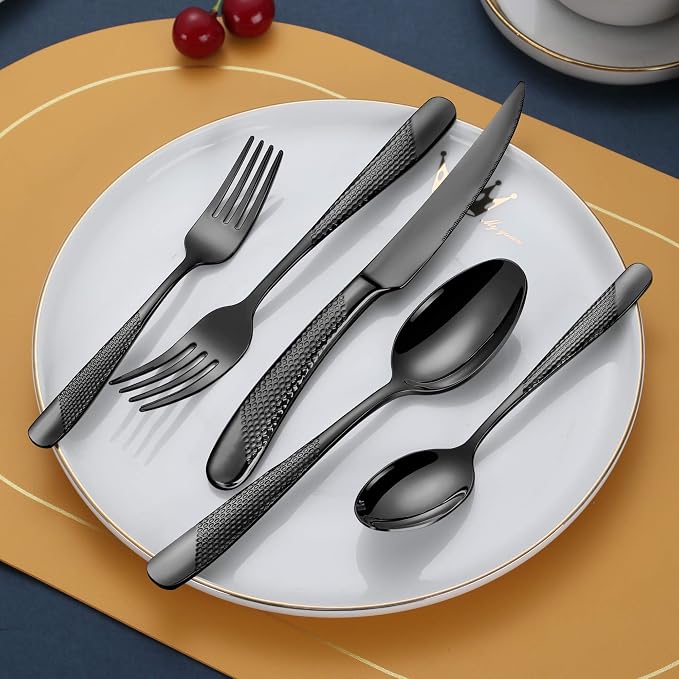 Hammered 30-Pieces Set Black Silverware Set for 6 with Serrated Forging Knives,18/10 Stainless Steel Modern Flatware Set,Unique Cutlery Set,Mirror Polished,Dishwasher Safe
