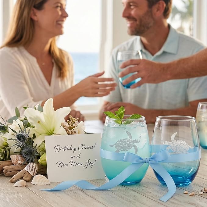 17oz Sea Turtle Stemless Wine Glasses, Set of 4, Blue Gradient Base | Coastal Drinkware Gifts for Beach House Decor, Ocean Lovers, Women & Mother's Day. Securely Packaged Gift Box Ready