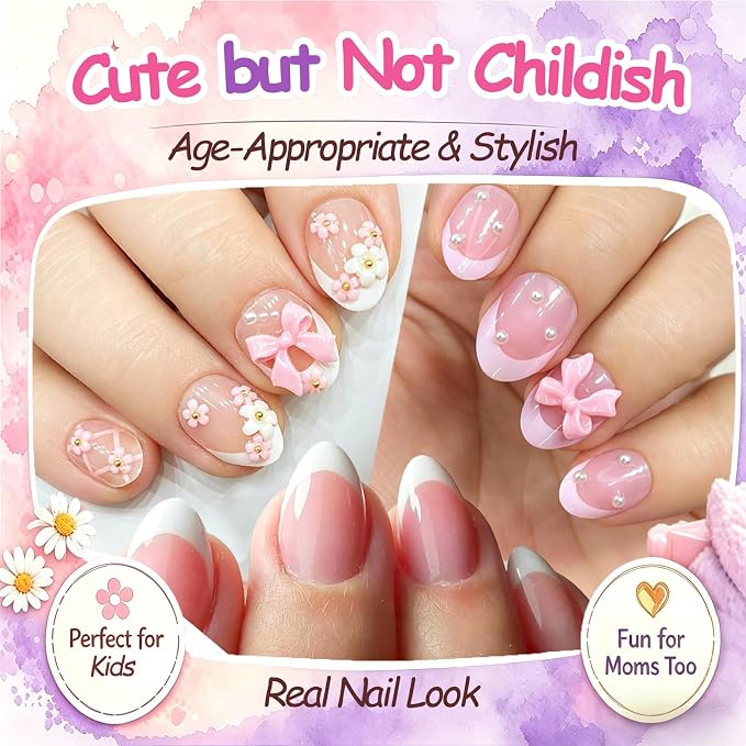 72pcs Press on Nails for Kids, French Tip Nails with Pearls, Bows, Flowers | Kids Press on Nails for 8-12, 12 Size, Non-Toxic, Fashion Nail Kit with Adhesive Tabs, Nail File, for Christmas, Birthday