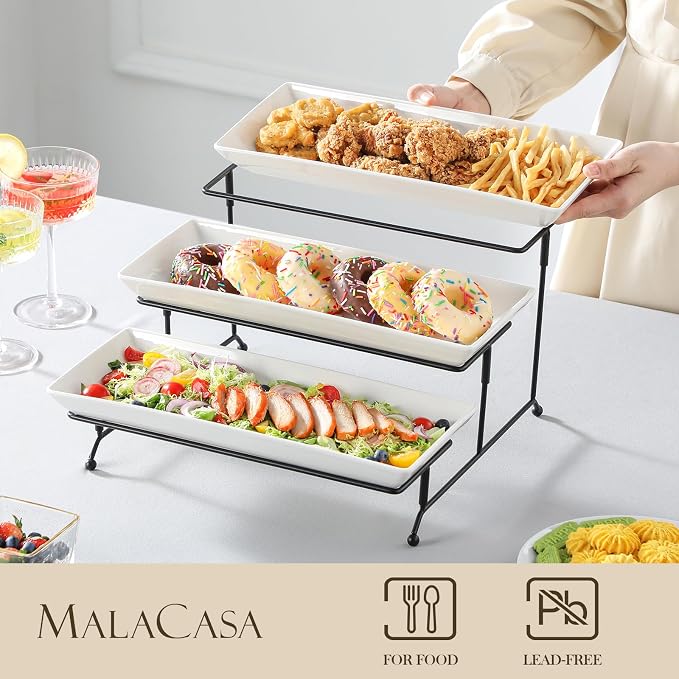 MALACASA 3 Tier Serving Trays, White Porcelain Serving Platters, 14 Inch | Tiered Cupcake Stand for Party, Fruit Tray, Trays for Serving Food, Dessert Stand with Collapsible Sturdier Metal Rack