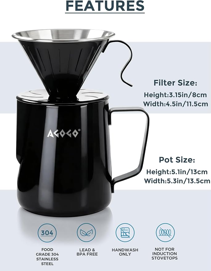 AGOGO Stainless Pour Over Coffee Maker Set, 50 Paper Filters, 30oz, Black | Unbreakable carafe for kitchen RV camp and office, includes barista towel, lead-free food grade 304 stainless steel