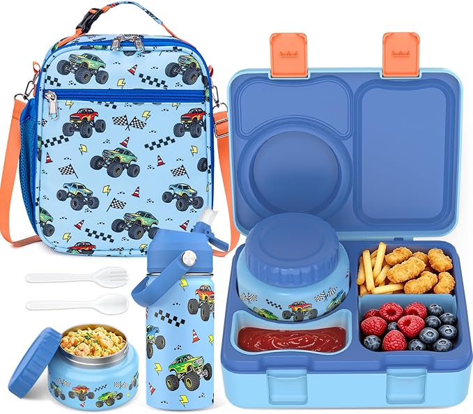 Bento Lunch Box for Kids Adult, Leakproof 3-4 Compartment Bento Box Set with Insulated Food Jar,Water Bottle, Lunch Bag, School Lunch Container for Toddler Teen Girls Boys Ages 3+(Vehicle)