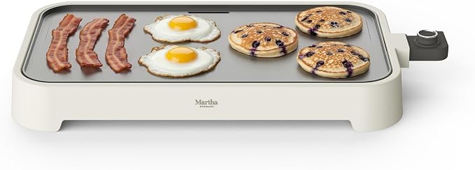 Martha Stewart 12"x 22" XL Electric Griddle, Ceramic Nonstick Flat Top | PFAS-Free Nonstick Grill, XL Cooking Surface for Pancakes & Eggs, Adjustable Temp Dial, Drip Tray, 1500W Heating, Linen White