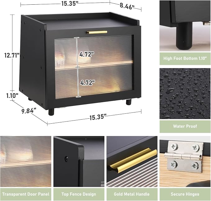 Garvee Double Layer Bread Box, Bamboo Farmhouse Bread Storage with Window | Clear Window, Strong Magnetic Closure, Compact Footprint, Flat Top, for Kitchen Countertop, Black & Gold
