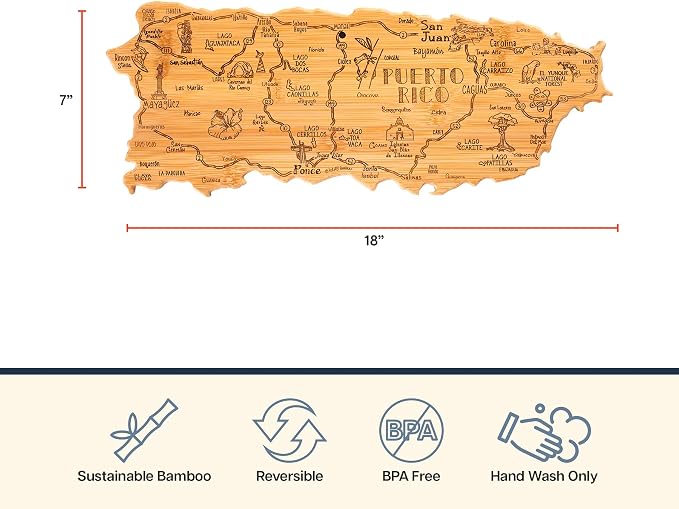 Totally Bamboo Destination Puerto Rico Cutting Board with Engraved Map Art | Puerto Rico shaped charcuterie board with engraved map art. Smooth back for food prep. Hang tie for wall display.