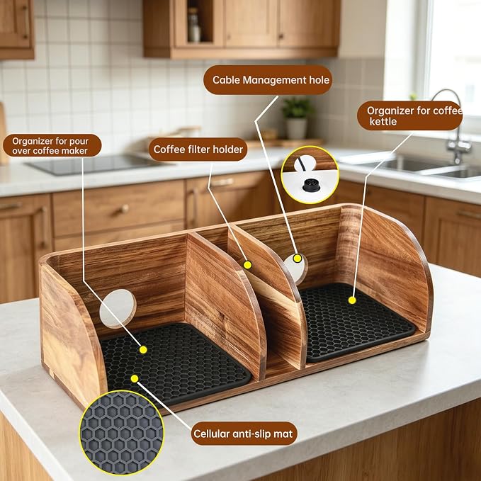 Acacia Coffee Bar Station Organizer Stand Caddy for Chemex Pour Over Maker | Coffee Paper Filter Holder for Countertop Wood Caddy Storage Organizer for Chemex Bodum Cosori Coffee Maker with silicone Pad