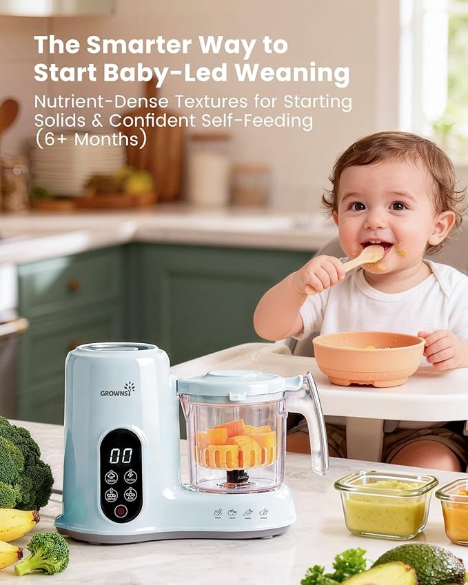 Grownsy Baby Food Maker, Steamer & Blender Baby Food Processor, Blue | BPA-Free Elevated Steam Basket, Healthy Homemade Baby Food Purees, Starting Solids & BLW, Baby Feeding Essentials, 6+ Months