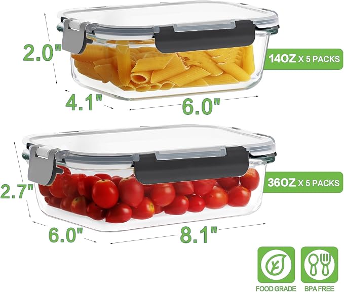 HOMBERKING 10-Pack Glass Meal Prep Containers, 36 oz/14 oz, Locking Lid Set | Borosilicate Glass Food Storage Containers Set, Airtight Lunch Bento Boxes, BPA-Free, Dishwasher Freezer, Oven Safe-Black