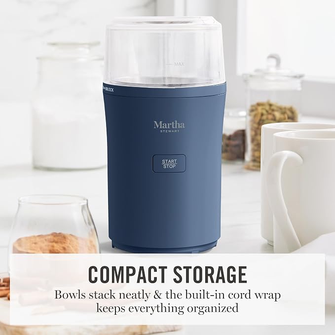 Martha Stewart Electric Coffee & Spice Grinder with Dual Bowls, Indigo Blue | Dual 2.5oz Removable Bowls for Coffee Beans, Nuts, Herbs & Spices, Stainless Steel Blade, One-Touch Pulse Control, Easy Clean
