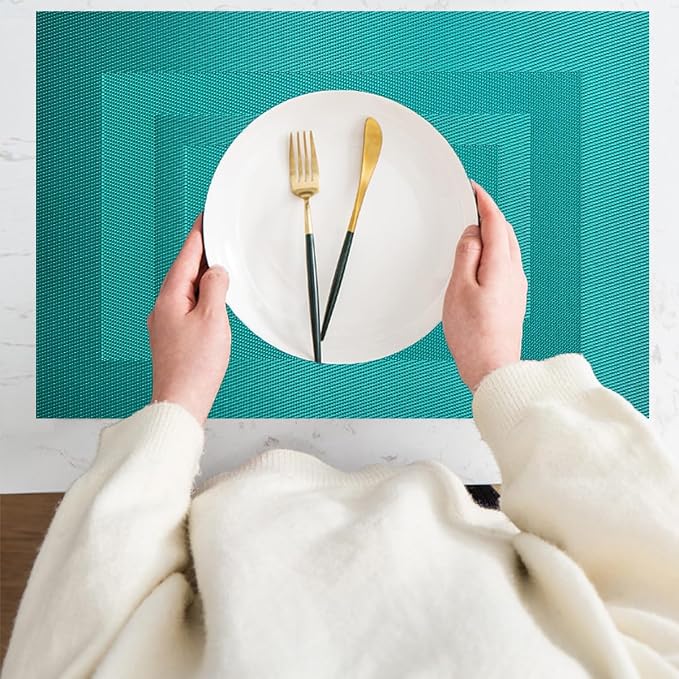 PIGCHCY Placemats Washable Vinyl Woven Table Mats,Elegant Durable Placemats for Dining Table Set of 4 (18 x 12 inches, Turquoise Blue)