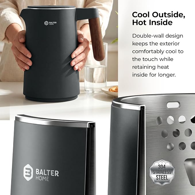 BALTER Electric Kettle with Temperature control, 113 °F – 212 °F, Tea pot, Stainless steel, double wall water kettle, BPA-free, quiet tea kettle, 1.5 L, 2200 W, Titanium Gray