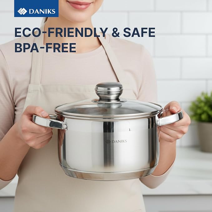 Daniks Standard 4 Quart Stainless Steel Stock Pot with Glass Lid, Tri-Ply Bottom for Even Heating, Induction Compatible, Dishwasher Safe, Built-In Measuring Scale, Silver