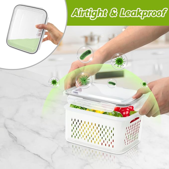 10 Pieces Fruit Storage Container for Fridge,with Removable Colander | 5 Pack Plastic Airtight Storage Container for Fruit Berry Salad, BPA Free Kitchen Refrigerator Organizers