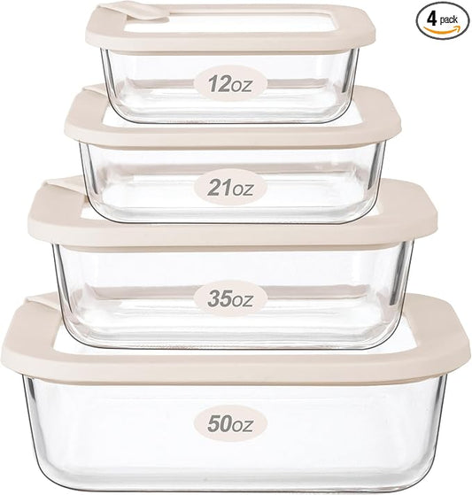 Glass Food Storage Containers with Glass Lids, Microwave Safe Food Container Set, Aitight Meal Prep Container Set, LeakProof, 100% Plastic Free, 4 Pack