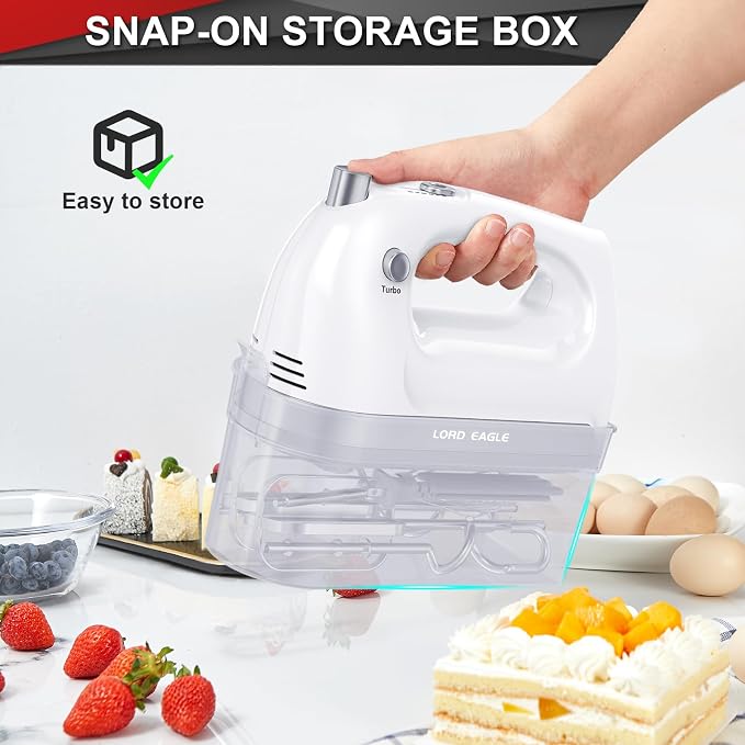 Lord Eagle Hand Mixer Electric Handheld 400W 5-Speed Lightweight | Kitchen Mixer with Storage Case, 5 Stainless Steel Attachments for Baking Cake Egg Cream Food Beater, Turbo+Eject Button