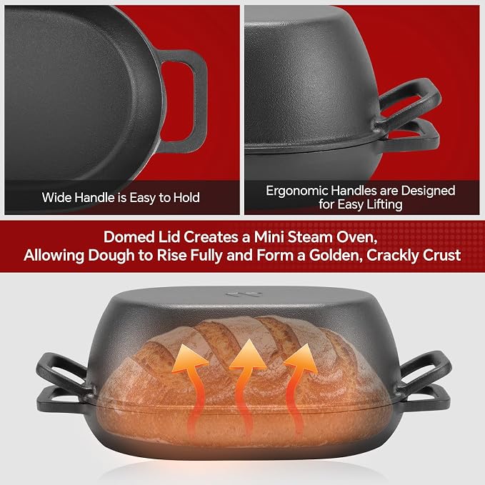 Northriver Casting 12"x8" Oval Cast Iron Dutch Oven for Bread Baking，Pre-Seasoned Combo Cooker with Lid, Perfect for Sourdough, Artisan Loaves & Family Meals,5 Qt