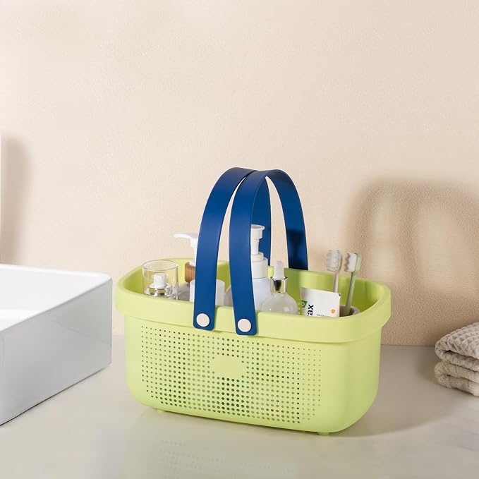 Portable Shower Caddy Basket with Handles Plastic Storage Basket ‌Yellow | Sturdy Drainage Large Capacity Organizer Basket with Silicone Handles for Bathroom Kitchen Bedroom College Dorm Essentials