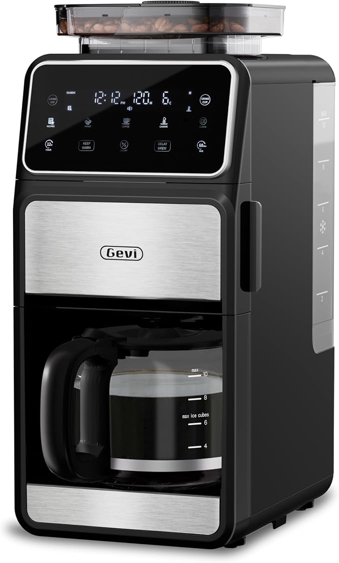 Gevi 10-Cup Drip Coffee Maker With Built-In Burr Grinder & Touch Screen | Programmable Brewing, 4-Hour Warming Plate, Permanent Filter, Included Glass Carafe for Fresh Grind-And-Brew Coffee at Home