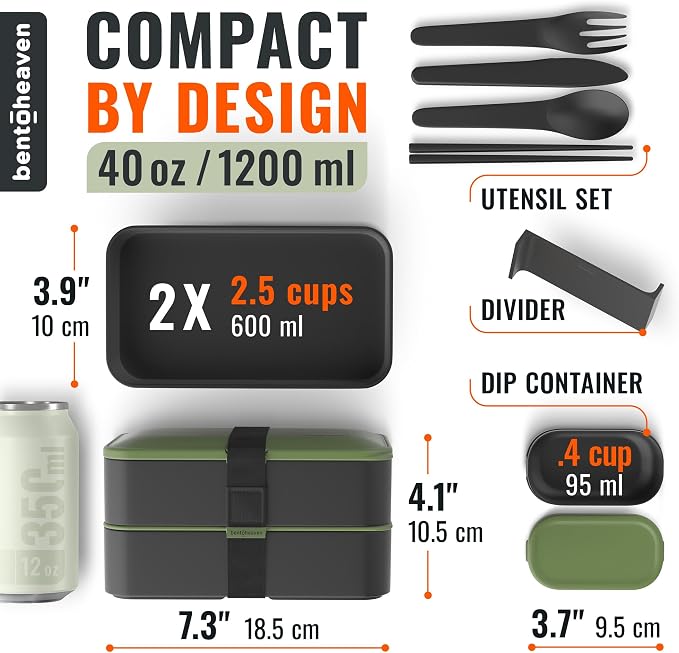Bentoheaven Bento Box Adult, Stackable Lunch Box, 40 oz, Olive Garden | BPA-free, leakproof and microwave-safe with 2 compartments, utensils, chopsticks, divider and sauce cup for men and women.