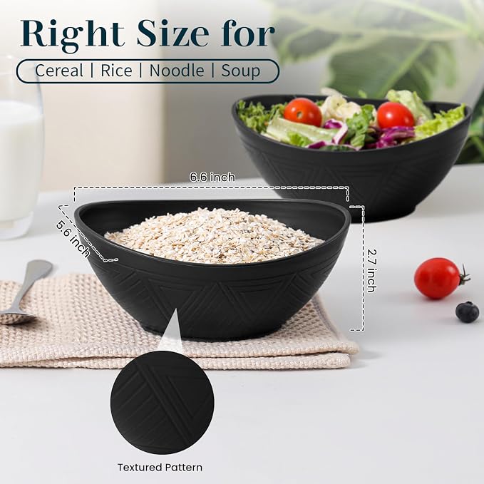 Plastic Bowls 26 OZ, Unbreakable Wheat Straw Bowl 4 PCS, Microwave and Dishwasher Safe Oval Bowls for Serving, Dinner, Lightweight Kitchen Bowl for Soup, Cereal, Fruit - Black