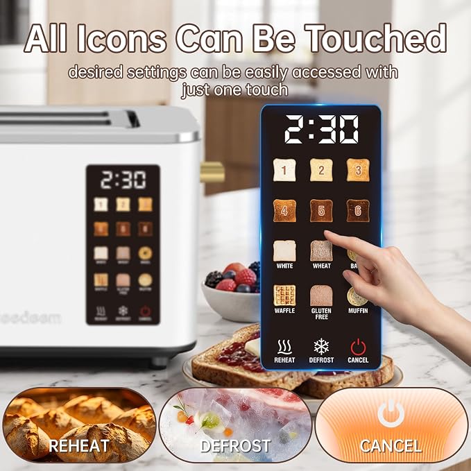 SEEDEEM 2 Slice Toaster with Full Touch Screen, Stainless Steel, 6 Bread Types & 6 Shade Settings, Countdown Display, Removable Crumb Tray, 900W, White