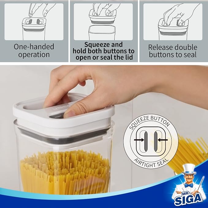 MR.SIGA 2 Pack Airtight Food Storage Container Set for Pantry Organization | BPA Free, stackable, one-handed kitchen storage containers for spaghetti, pasta, 2.1 L (72 oz), white