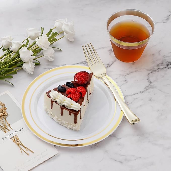 BESTVIP 600PCS Gold Dinnerware Set for 100 Guests, Plastic Plates for Party, 100 Gold Disposable Plates, 100 Dessert Plates, 100 Cups, 100 Spoons, 100 Forks and 100 Knives | for Party, 100 Gold Disposable Plates, 100 Dessert Plates, 100 Cups, 100 Spoon...