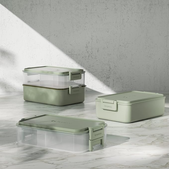 Stackable 2-Tier Adult Bento Box, 4 Compartments - Pale Mint | leakproof bento lunch box with fork & spoon + sauce cups, microwave/dishwasher safe, perfect for office, school & daily meals