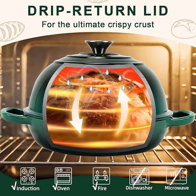 AHJ 6QT Enameled Cast Iron Dutch Oven for Sourdough Bread Baking | 7-Layer Construction Bread Oven with Proofing Basket, Silicone Sling and Mitts; Steam-Locking Dome, 500°F Safe, Green