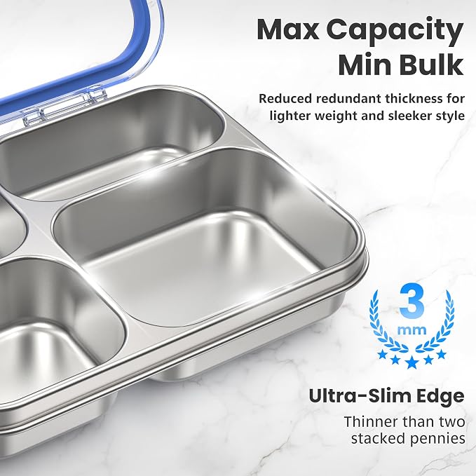 HOMEKOL Stainless Steel Bento Lunch Box, 4 Cups, Blue | 4-Compartment Leak-Proof Metal Lunch Container for Kids & Adults, BPA/BPS-Free, Dishwasher Safe, Clear Lid, (Not Insulated)