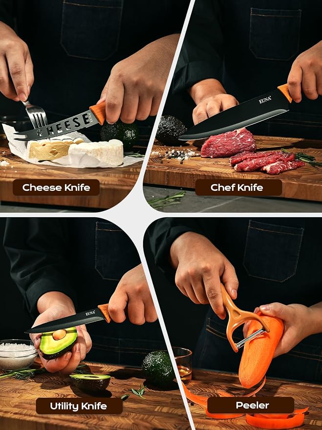 EUNA Knife Block Set, 19 PCS Kitchen Knife Set with Acrylic Block and Sharpener, German High-Carbon Stainless Steel Knife Sets with 6 Serrated Steak Knives, Bread Knife, Chef Knife, Dishwasher Safe