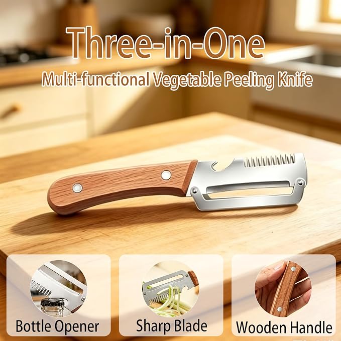 Multi-Functional Vegetable Peeler, 3-in-1 Stainless Steel Peeler | Ergonomic wooden non-slip handle, stainless steel blade, versatile uses, easy to clean