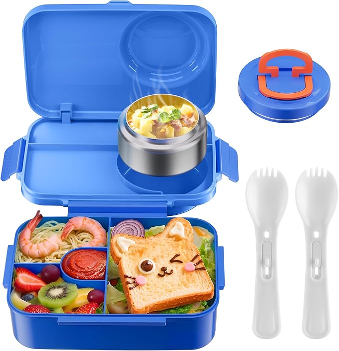 Upgraded Kids Lunch Box with Thermo for Hot Food 1400ml Child Bento Box for Kids with 5oz Small Thermo for Boys Girls with Fork Spoon Leakproof for Dining Out School Work Picnic-Blue