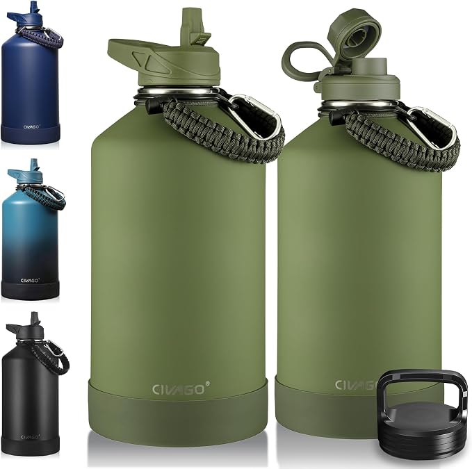 CIVAGO Gallon Insulated Stainless Steel Water Bottle With Straw and 3 Lids | 128 oz Large Metal Water Jug, Big Leakproof Reusable Wide Mouth Thermal Flask with Silicone Boot and Strap, Army Green