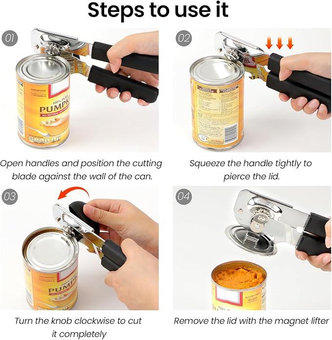 Can Opener Manual with Magnet Lift, Heavy Duty Handheld Smooth Edge Can Tin Opener for Seniors, Durable Sharp Cutting Blade,Easy Turn Knob Multifunctional Bottle Opener