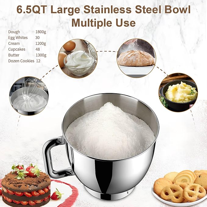 Stand Mixer with LED Display & Timer 6.5QT Stainless Steel Bowl, 1350W 6-Speeds Electric Kitchen Stand Up Mixer for Baking Cakes Cookie Bread Salad Food with Egg Whisk, Dough Hook, Beater - White